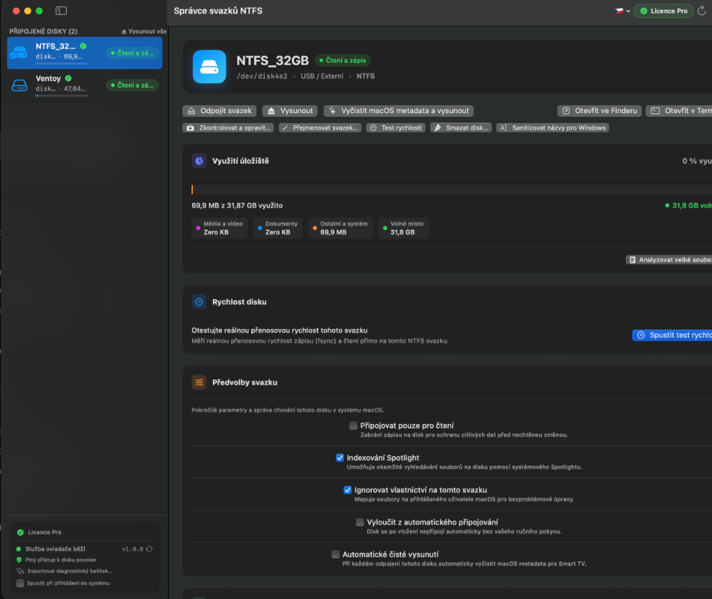 NTFS for Mac — Reálné rozhraní aplikace v macOS